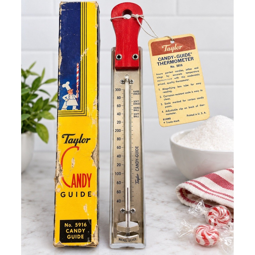 Vintage NOS Taylor Candy-Guide Thermometer No 5916 11" Nickel Silver Box Tag USA